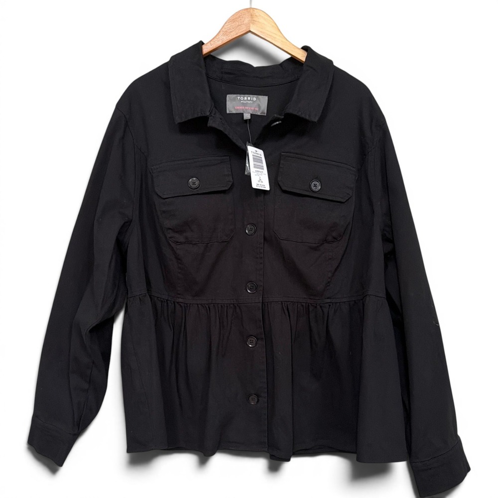 NWT Torrid Plus Size 3X Black Twill Peplum Utility Jacket Military Coat Stretch
